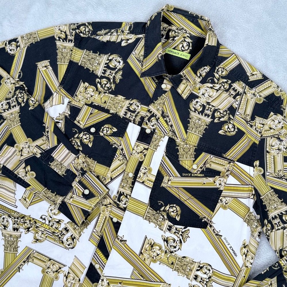 Versace Jeans Pearl Snap Button Down Mens Large Black Gold Greek Column Baroque